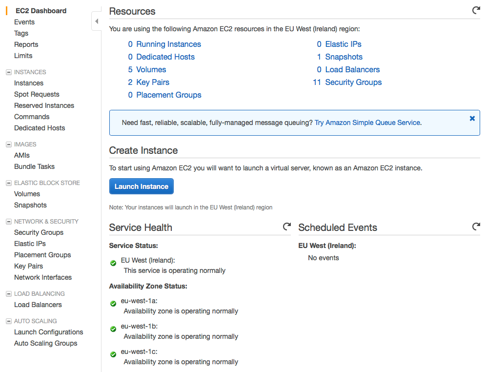 AWS EC2 dashboard